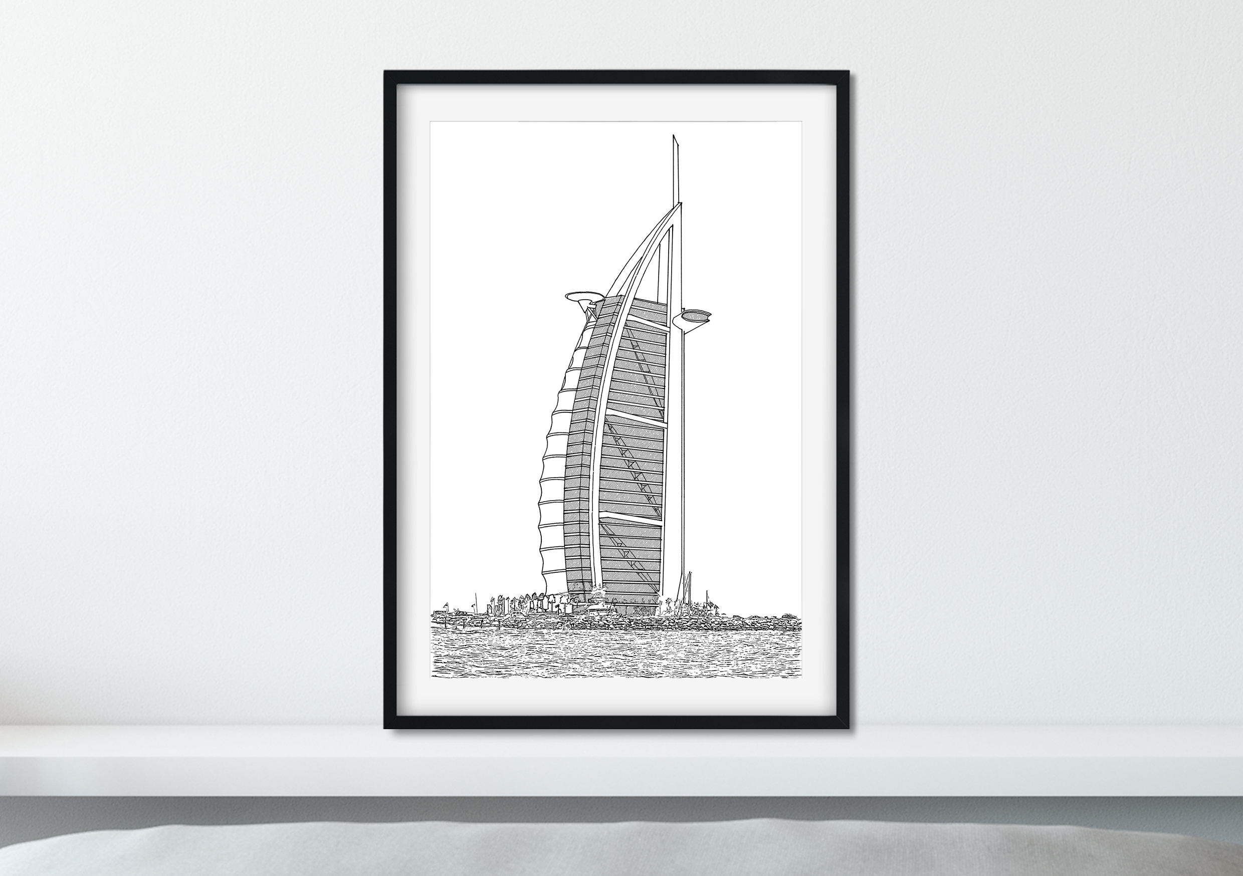 Landmark Wall Art - Hand Drawn Wall Art of Famous Landmark Burj-al-Arab, Dubai