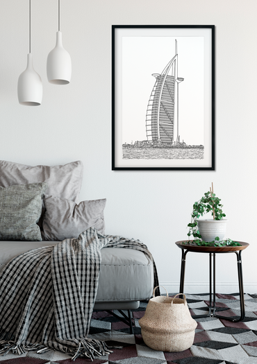 Landmark Wall Art - Hand Drawn Wall Art of Famous Landmark Burj-al-Arab, Dubai