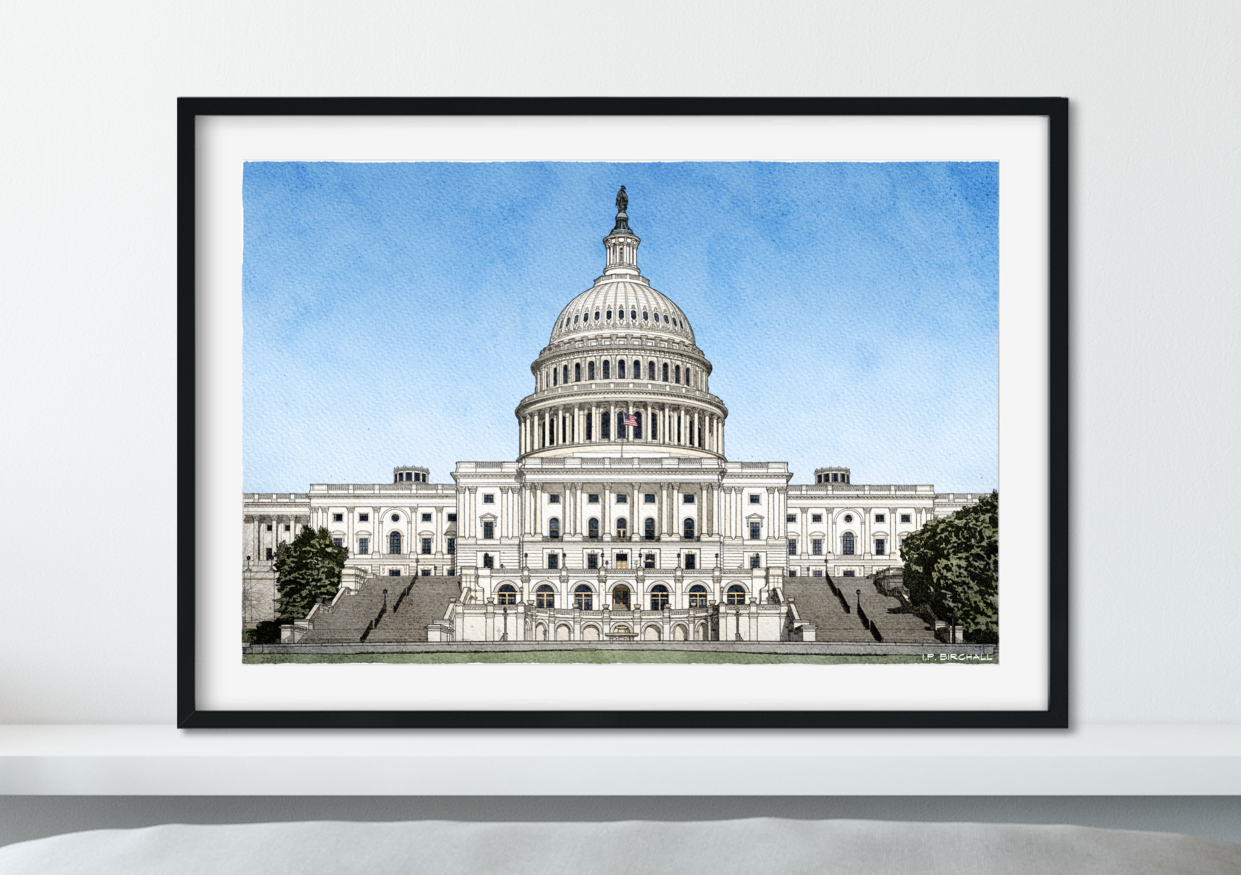 Landmark Watercolour Wall Art - Hand Drawn and Painted Wall Art of Famous Landmark Capitol Building, Washington