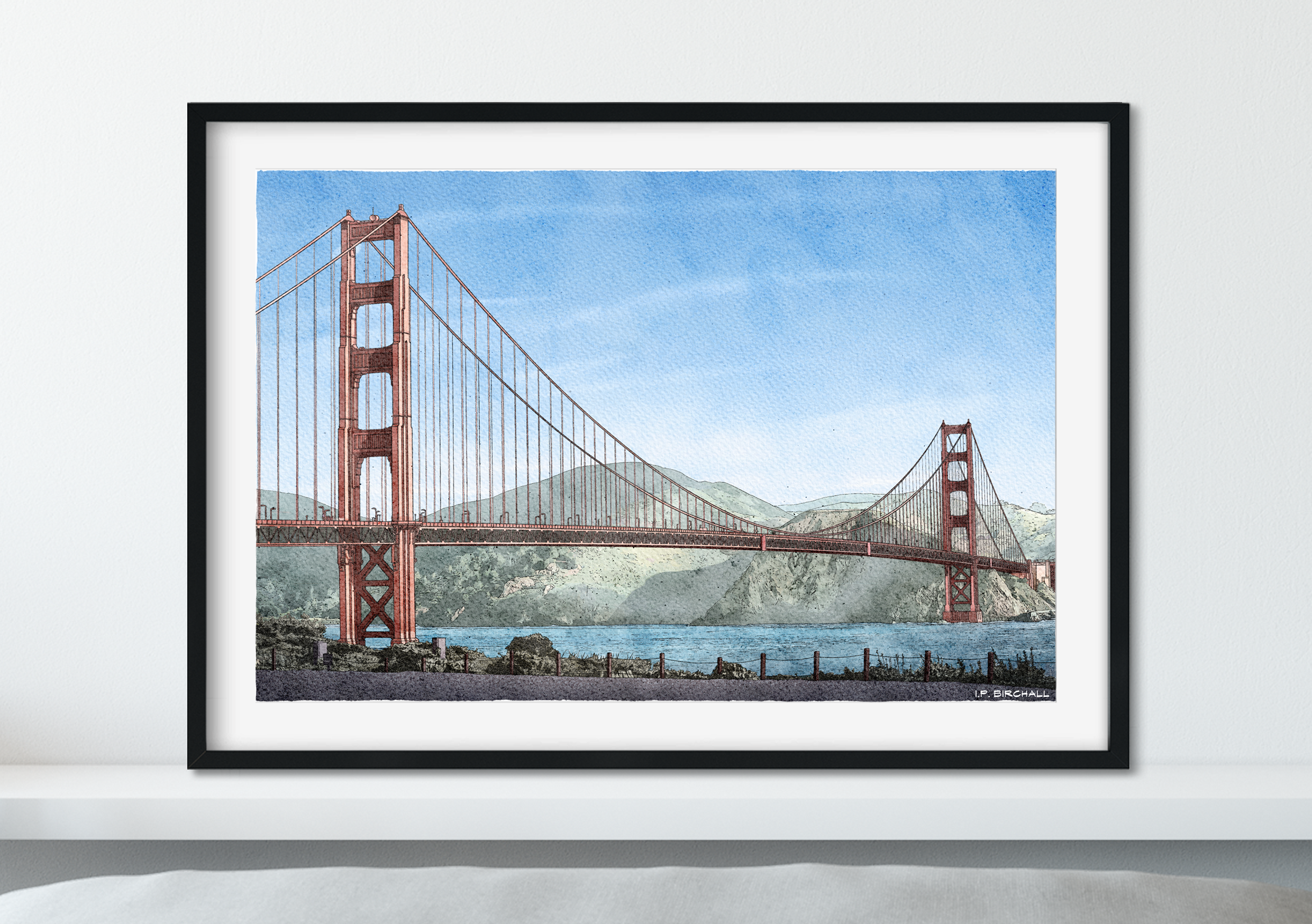 Landmark Watercolour Wall Art - Hand Drawn and Painted Wall Art of Famous Landmark Golden Gate Bridge