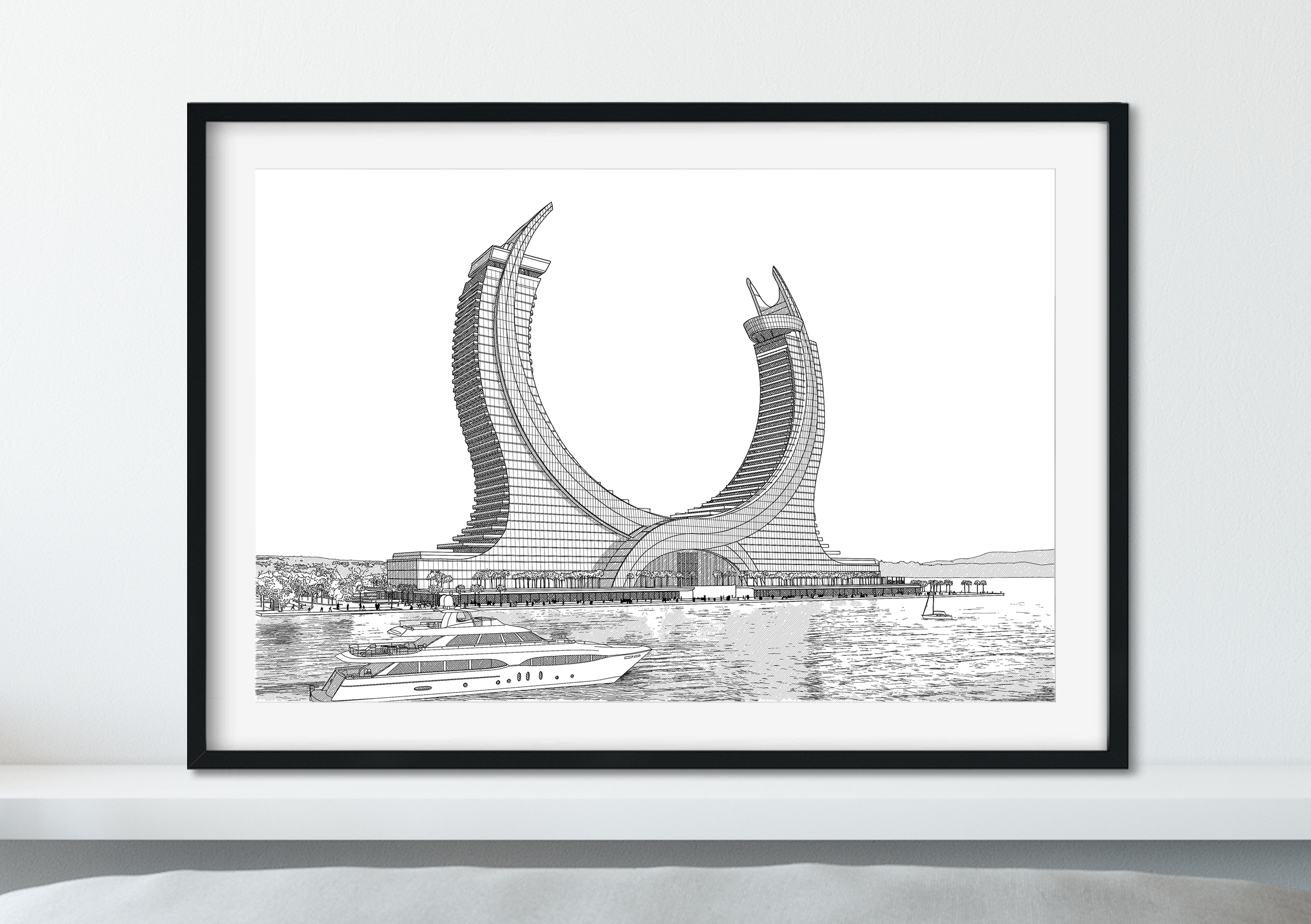 Landmark Wall Art - Hand Drawn Wall Art of Famous Landmark Katara Towers, Qatar