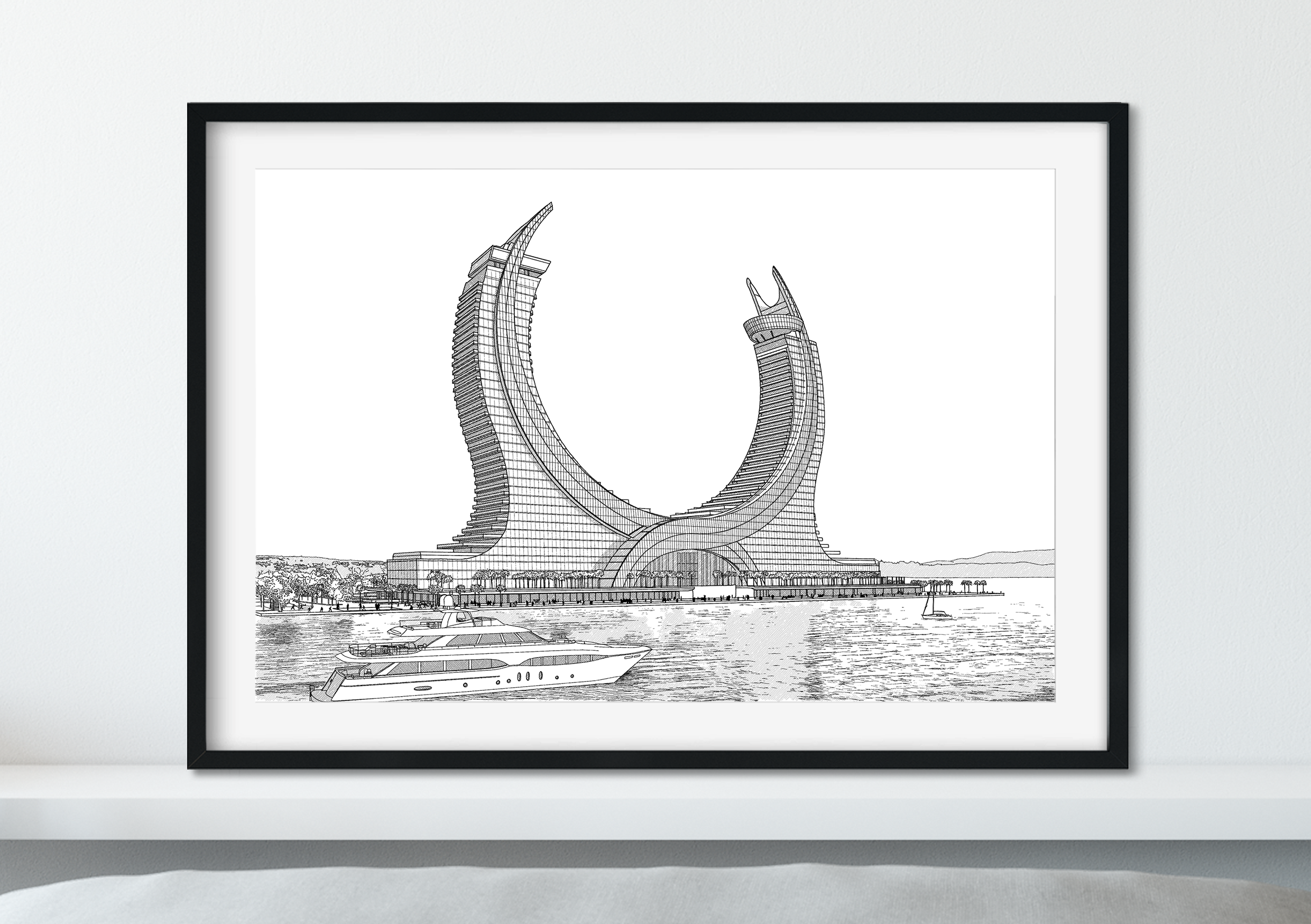 Landmark Wall Art - Hand Drawn Wall Art of Famous Landmark Katara Towers, Qatar