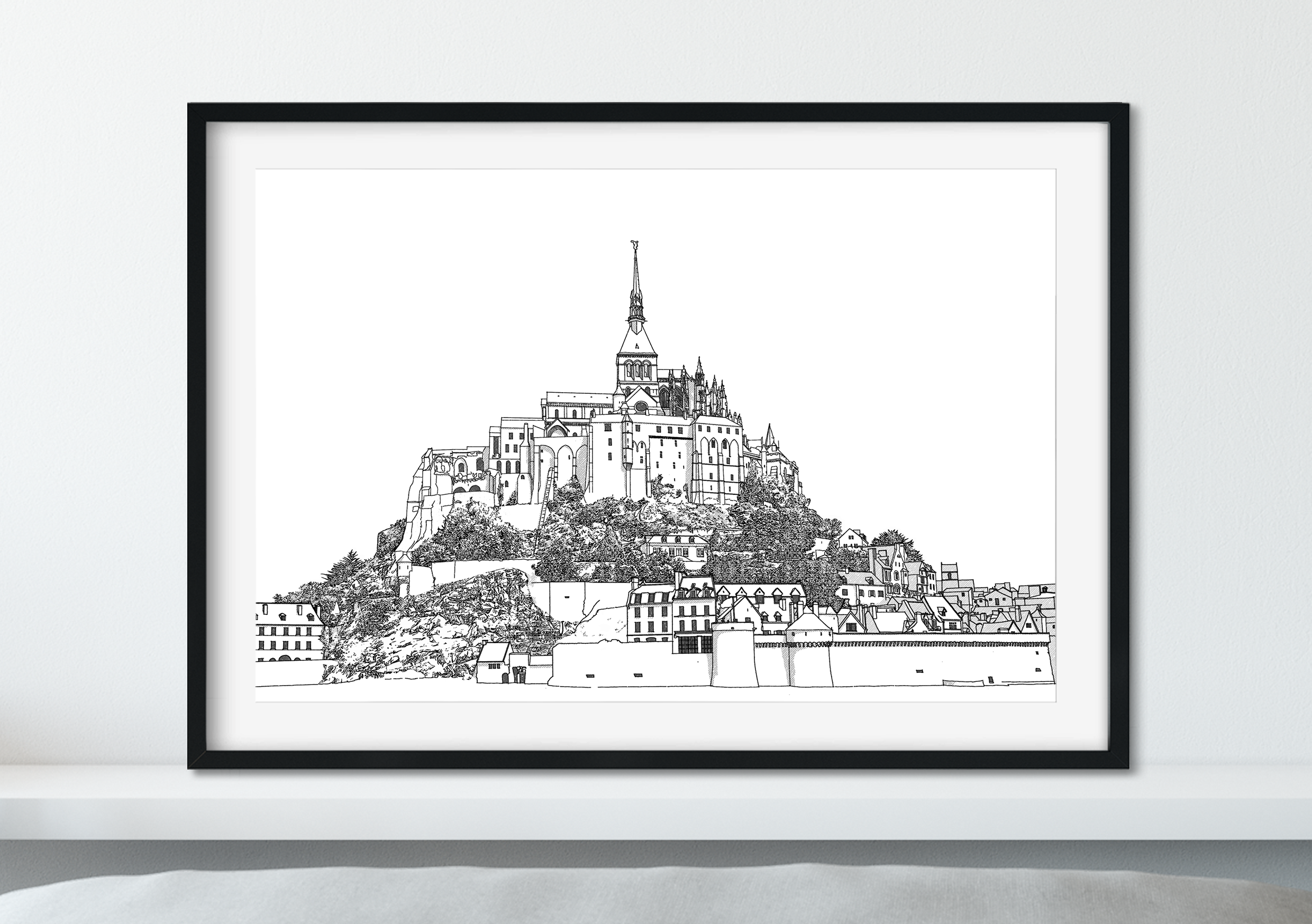 Landmark Wall Art - Hand Drawn Wall Art of Famous Landmark Mont-Saint-Michel, France