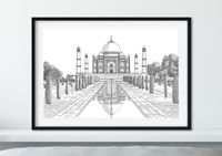 Landmark Wall Art - Hand Drawn Wall Art of Famous Landmark Taj Mahal, Agra, India