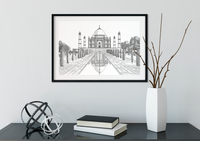 Landmark Wall Art - Hand Drawn Wall Art of Famous Landmark Taj Mahal, Agra, India